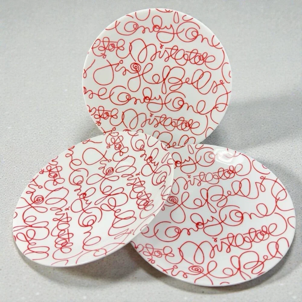 Crate & Barrel Artwork‎ Script Christmas Holiday Dish Plate Set 4 Plates 8.5inch